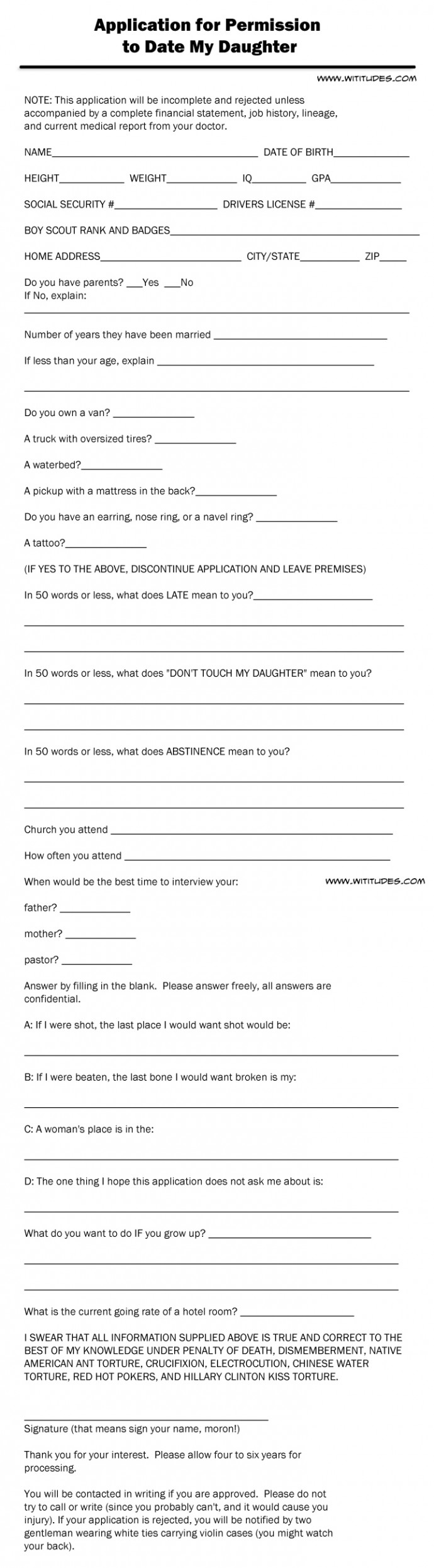 Application For Permission To Date My Daughter Form Wititudes